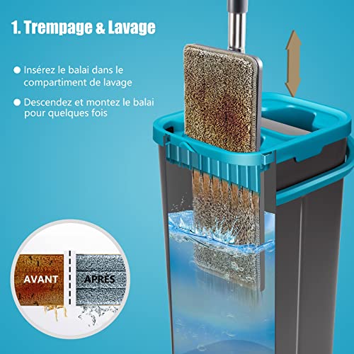 Balai microfibre MASTERTOP 360° et seau essoreur pour sol sec et humide avec 6 tampons