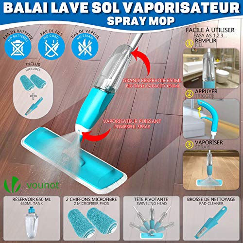 Balai lave sol VOUNOT® Bleu 650ML eau 360 degrés Brosse inclus