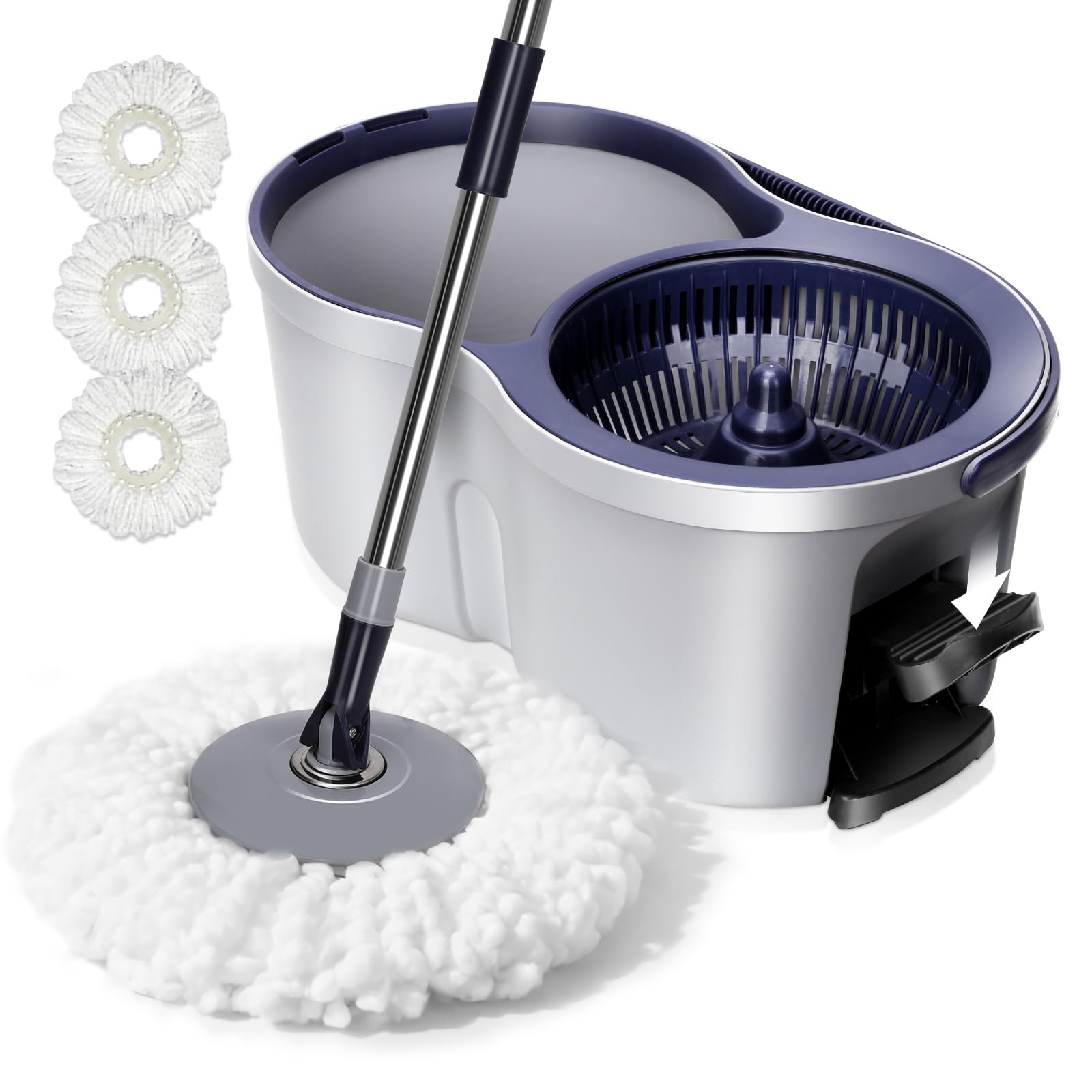 Masthome Serpillière Seau Essoreur, Balai Rotatif en Microfibre avec 3 Tampons, Léger pour Nettoyage Rapide de Sols à la
