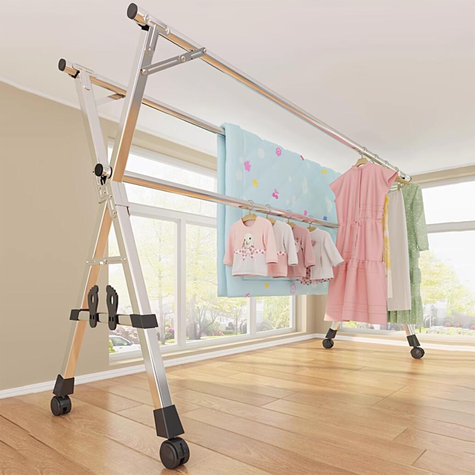 EUPXRHY Etendoir Linge XXL Grande Capacité 3 Bar Pliant Extensible en INOX pour Intérieur et Extérieur, Hauteur 128cm Ét