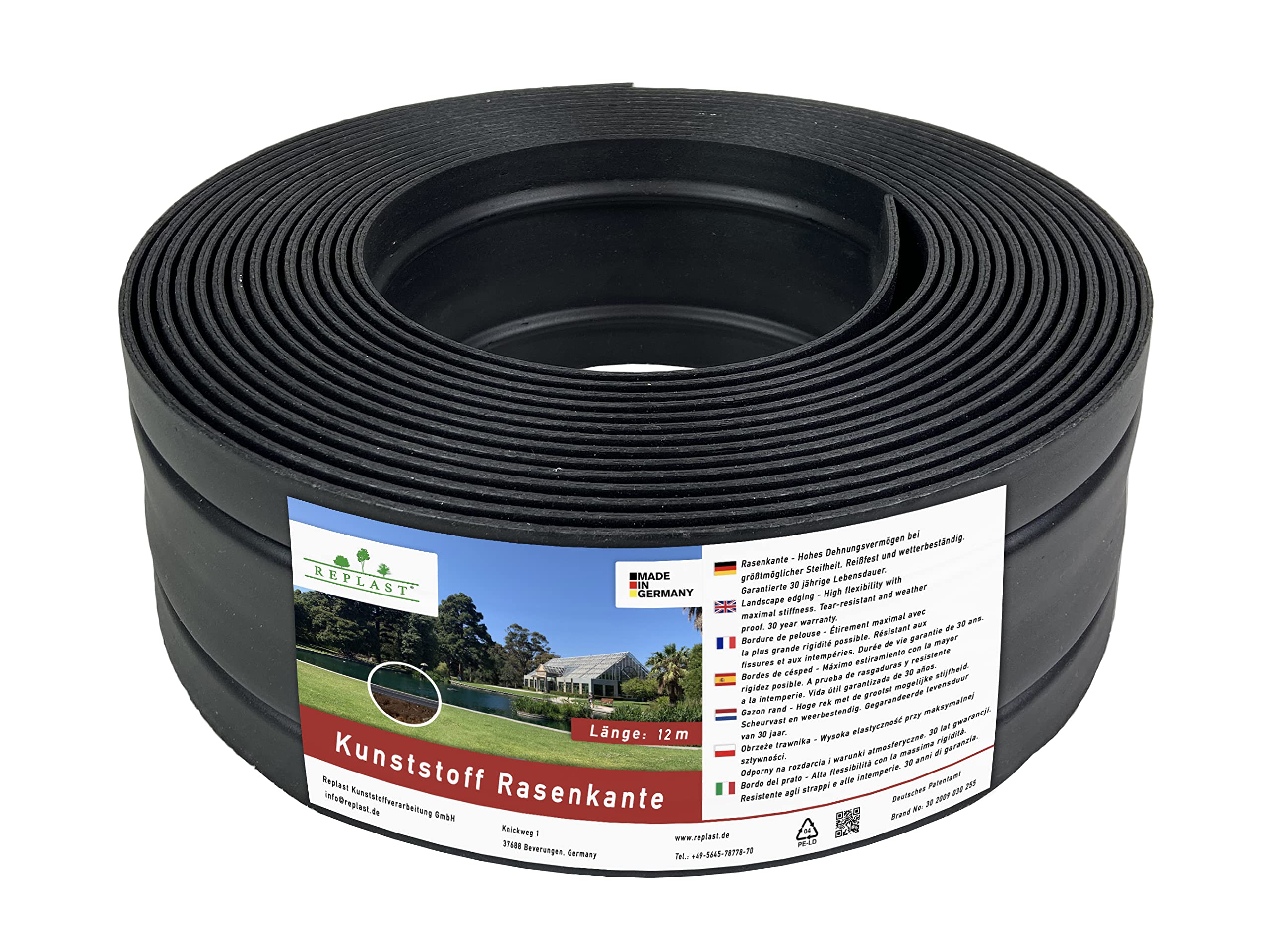 Replast Bordure de Gazon en Plastique, 12 mètres, idéale pour le jardin, résistante et facile à installer (125 mm/4 mm)